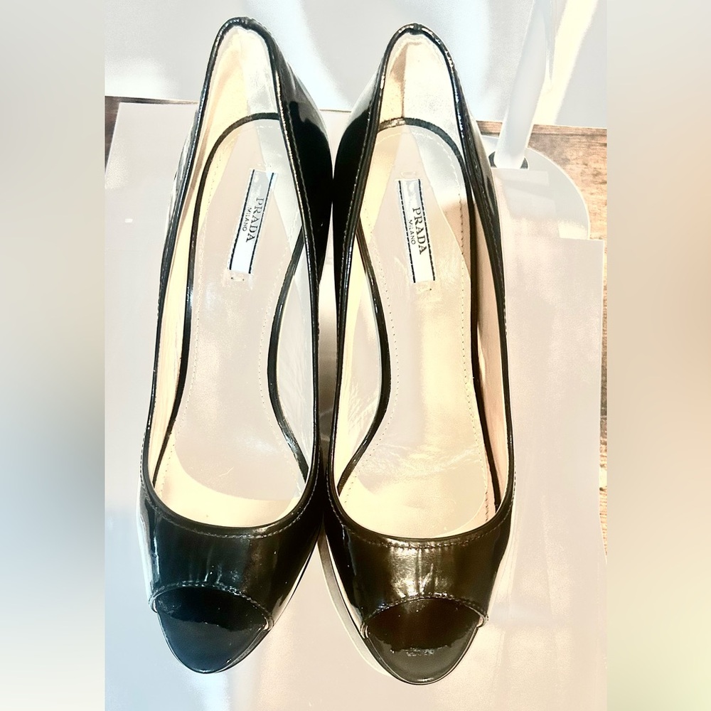 Prada 🖤 Black Peep-Toe wedgeHeels 7.5 - Picture 10 of 10